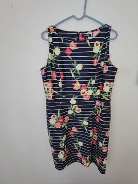 CHAPS Navy Blue & White Striped Floral Sleeveless Sheath Dress